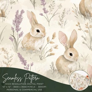 Hazy Meadow Bunny Seamless Muster Digital, Nahtloser Druck, Sublimation | Boho Blumen, Kaninchen Tier Blumenmuster, Werbung