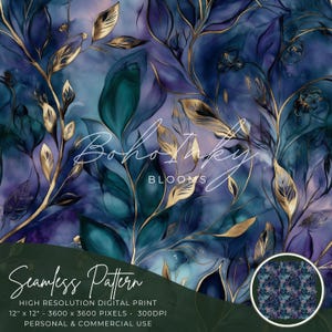 May include: Seamless pattern digital print featuring a watercolor-style design of teal and gold leaves on a purple and blue background. The text "Boho Inky Blooms" is visible in the center of the design.