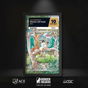May include: A framed 2023 Pokemon Special Art Rare card featuring Meowth, graded as Gem Mint 10. The card displays a colorful illustration of Meowth on a tree branch, with the text "Fury Swipes".