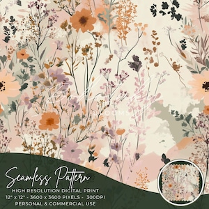 Naadloze geschilderde wilde bloemenpatroon digitaal, naadloze print, sublimatie | Cottagecore, bloemen, boho, weidebloemen | Persoonlijk en commercieel