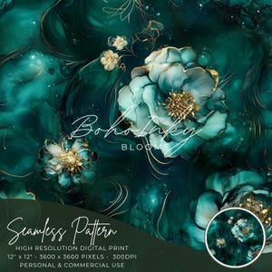 Peut inclure: Impression numérique sans couture avec des éléments floraux turquoise et dorés sur fond vert foncé. Le motif présente de grandes fleurs stylisées avec des accents dorés et le texte "Boho Inky Blooms". Le motif mesure 30.48 cm x 30.48 cm.