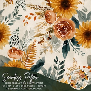 May include: Watercolor floral seamless pattern featuring sunflowers, roses, and foliage in shades of orange, yellow, and teal. The text "Boho Inky Blooms" and "Seamless Pattern" are visible. The digital print is 12" x 12" (30.48 cm x 30.48 cm).