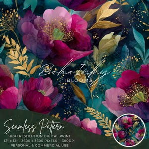 Könnte beinhalten: Ein nahtloses Blumenmuster mit rosa, lila und türkisfarbenen Blumen und goldenen Akzenten. Das Design enthält den Text "Boho Inky Blooms" und "Seamless Pattern". Der Druck ist 30,48 cm x 30,48 cm groß und für den persönlichen und kommerziellen Gebrauch geeignet.