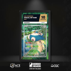 May include: A graded Pokémon card featuring Snorlax, a blue and cream-colored character, with a Gem Mint 10 grade. The card is labeled as a 2023 Special Art Rare, with the number #001. The card is encased in a black holder.