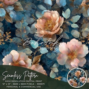 May include: A digital seamless pattern with large, watercolour-style peach flowers with gold outlines and blue-green leaves on a dark teal background. The text "Boho Ink Blooms" and "Seamless Pattern" are visible.