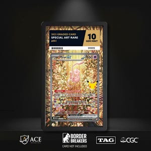 May include: A rectangular black display frame containing a 2023 Mew ex Special Art Rare trading card. The card features a pink creature in a golden forest setting with a 10 Gem Mint grade label at the top. The frame includes a barcode and text.