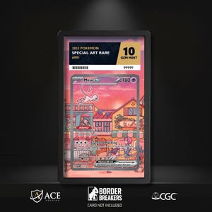 May include: A graded Pokémon card featuring Mew ex, with a Gem Mint 10 rating. The card has a colorful illustration of a town scene and the text "2023 POKEMON SPECIAL ART RARE #001". The card is encased in a black holder.
