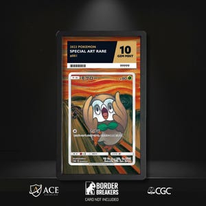 May include: A 2023 Pokemon Special Art Rare trading card, graded Gem Mint 10, featuring a Rowlet character in a style reminiscent of The Scream painting. The card is encased in a black protective slab with a label displaying the grade and text.