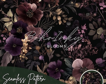 Dark Enchantment Blooms Seamless Pattern, Tiling Pattern, Wallpaper | Dark Florals, Boho, Dark Cottagecore | Digital Seamless