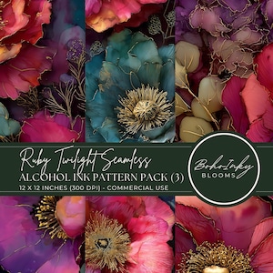 May include: A digital art pack featuring seamless alcohol ink patterns. The patterns showcase large, stylized floral designs in shades of ruby, teal, and gold. The text reads "Ruby Twilight Seamless" and "Alcohol Ink Pattern Pack (3)". The patterns are 12 x 12 inches.