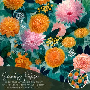 Puede incluir: Un estampado digital sin costuras con un diseño floral. El diseño presenta grandes flores coloridas en tonos naranja, rosa y amarillo, sobre un fondo turquesa con hojas verde oscuro. El texto "Boho Ink Blooms" y "Seamless Pattern" son visibles.