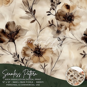 Puede incluir: Patrón digital sin costuras con un diseño de estilo acuarela de flores marrones y beige con pétalos translúcidos. El patrón mide 30,5 cm por 30,5 cm y tiene una resolución de 3600 x 3600 píxeles a 300 DPI. El texto "boho inky blooms" es visible en el centro de la imagen.