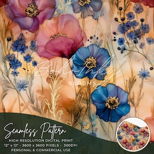 Op de afbeelding: Naadloze patroon digitale print met abstracte aquarel bloemen in tinten van roze, blauw en goud. Het ontwerp is perfect voor het creëren van unieke en stijlvolle projecten.