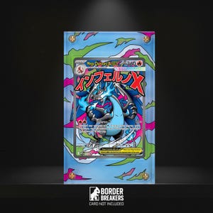 May include: A framed Mega Charizard X EX trading card. The card features a blue and black dragon with flames, set against a blue, pink, and green background. The frame is clear with gold-coloured screws.