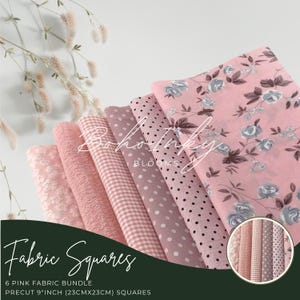 6 PINK Mixed Fabric Bundle, Precut 9&quot; Squares, Pink Fabric, Fabric Bundle, Polycotton, Fabric, Sewing, Craft Material, Fabric Squares