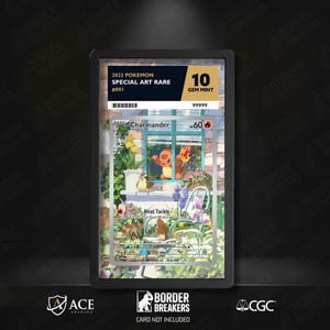 Op de afbeelding: Een beoordeelde Pokémon-kaart met Charmander, beoordeeld met Gem Mint 10. De kaart toont een kleurrijke illustratie van Charmander in een tuin, met de tekst "2023 Pokemon Special Art Rare #001".