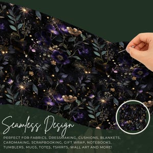 May include: Seamless pattern design featuring dark purple and gold flowers with green leaves on a black background. The pattern is filled with small gold sparkles. The text "Seamless Design" is at the bottom of the image.