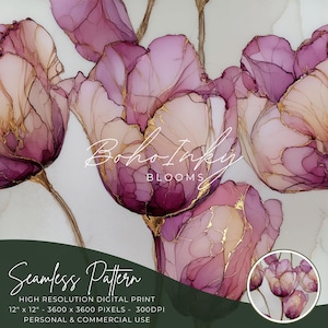 Rose Gold Tulips Alcohol Ink Seamless Pattern Digital, Seamless Print, Sublimation, Boho, Floral, Alcohol Ink, Commercial