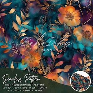 Gloeiend naadloos patroon van wilde bloemenbladeren op alcoholinkt Digitaal, naadloze print, sublimatie | Boho, bloemen, alcoholinkt, commercieel