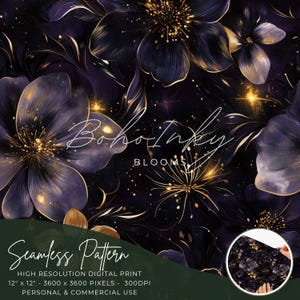 May include: A seamless pattern featuring dark purple flowers with gold accents and a starry night background. The text "Boho Inky Blooms" is visible in the center of the image.