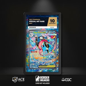 Könnte beinhalten: Eine bewertete Pokémon-Karte mit Mega Greninja ex. Die Karte hat ein blaues, schwarzes und rosa Farbschema mit dem Text "2023 Pokemon Special Art Rare #001". Sie wird von CGC als Gem Mint 10 bewertet.