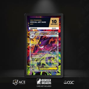May include: A graded Pokémon card featuring a purple Gengar character with a white grin, set against a colorful background. The card is labeled "2023 Pokemon Special Art Rare" and graded "10 GEM MINT". The card is encased in a black holder.