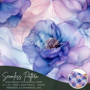 May include: Seamless pattern featuring large, abstract floral blooms in shades of blue, purple, and pink. The design includes the text "Boho Inky Blooms" and "Seamless Pattern". The pattern is 12 x 12 inches and suitable for personal and commercial use.