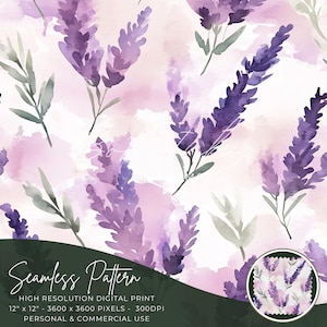 Lavender Fields Watercolor Seamless Pattern Digital, Seamless Print, Sublimation | Floral, Wildflower, Herbs, Purple Personal & Commercial