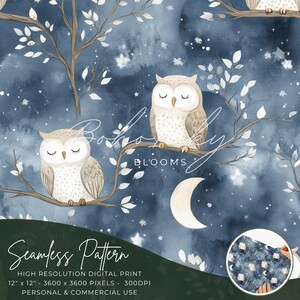 Moonlit Eule Nahtlose Muster Digital, Nahtloser Druck, Sublimation | Kinderzimmer, Waldtiere, Eulen-Muster, Vogel-Muster, Kommerziell