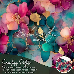 Alcohol Ink Vibrant Wildflowers Seamless Pattern Digital, Seamless Print, Sublimation | Boho, Floral, Alcohol Ink, | Personal & Commercial