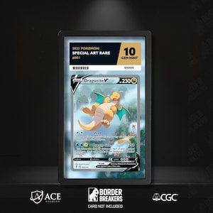 May include: A graded Pokémon card featuring Dragonite V, a special art rare from 2023. The card is graded Gem Mint 10. The card's artwork depicts a yellow and blue Dragonite in a dynamic pose. The card is encased in a black holder.