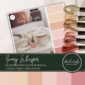 May include: Ivory Whisper floss colour palette bundle and collectible card, number 49. The card features a photo of a cosy living room scene with a cup of coffee and a knitted blanket. The floss colours are displayed in a row, ranging from light beige to pink.
