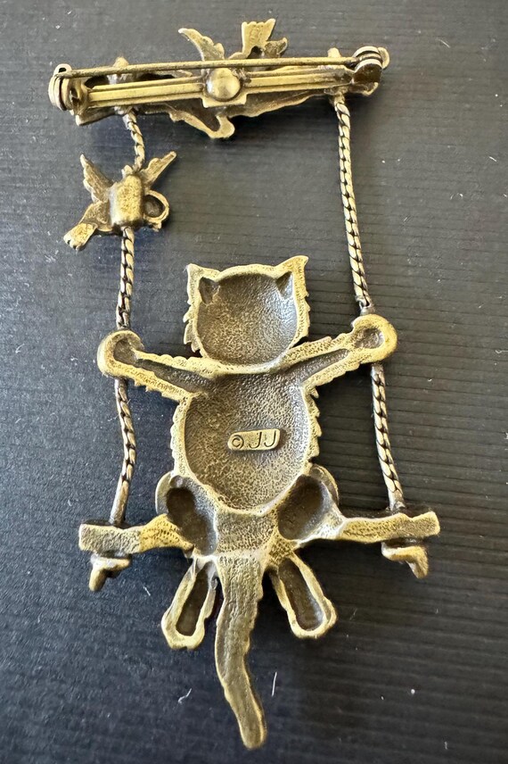 JJ Jonette Signed Brass Cat on a Swing Brooch/pin, Cat Gifts