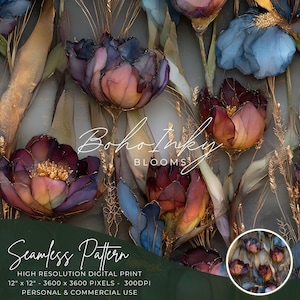 May include: Seamless pattern featuring stylized watercolor flowers in shades of purple, blue, and peach, with gold accents. The design includes the text "Bohotinky Blooms" and "Seamless Pattern". The print is 12" x 12" and suitable for personal and commercial use.