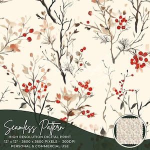 Watercolour Berry Botanicals Seamless Pattern Digital, Seamless Print, Sublimation | Christmas, Berries, Winter, Holidays | Commercial