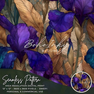 May include: Seamless pattern featuring vibrant purple iris flowers and golden-brown leaves. The design includes the text "Boho Inky Blooms" and "Seamless Pattern". The image is a high-resolution digital print, 12" x 12".