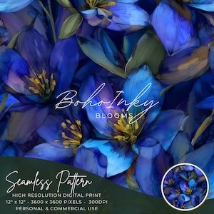 Pode incluir: Uma impressão digital sem costura com um design floral em aquarela em tons de azul, com detalhes em amarelo. A imagem inclui o texto "Boho Inky Blooms" e "Seamless Pattern". A impressão mede 30,48 cm x 30,48 cm e é adequada para uso pessoal e comercial.