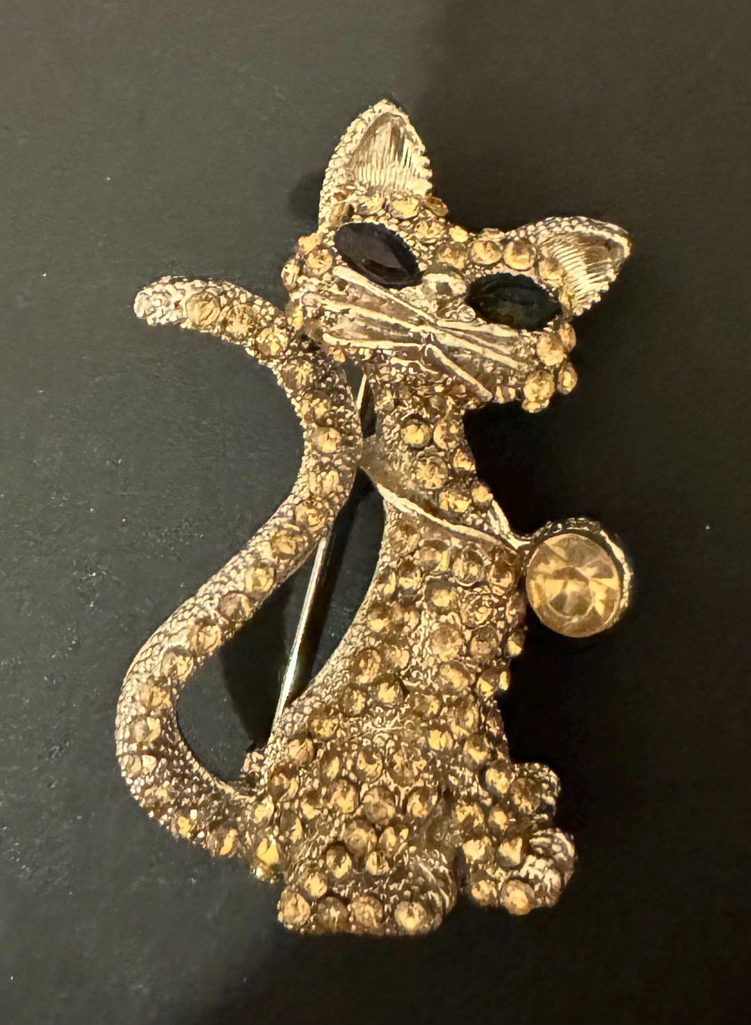 Vintage Cat Brooch 1970s Pin Gold Tone Heavy Crystal Black Eyes & Rare ...
