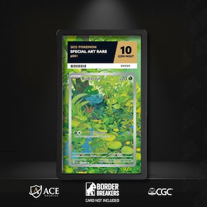 May include: A graded Pokémon card featuring Bulbasaur, with a green and blue illustration. The card is labeled "2023 Pokemon Special Art Rare" and graded as Gem Mint 10. The card is in a black holder.