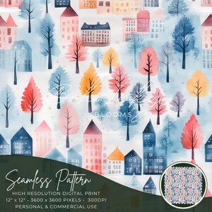 Winter City Pastel Pattern, Tiling Pattern, Wallpaper | Watercolor, City, Village, Landscapes | Personal & Commercial Use