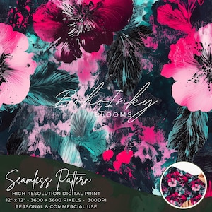 May include: Seamless digital pattern featuring pink, teal and black floral designs with a watercolour effect. The pattern is 12 inches by 12 inches and has a resolution of 3600 by 3600 pixels at 300 DPI. The text "Boho Inky Blooms" is in the centre of the image.