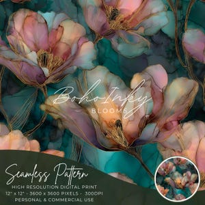Rose Gold Tulips Alcohol Ink Seamless Pattern Digital, Seamless Print, Sublimation, Boho, Floral, Alcohol Ink, Commercial