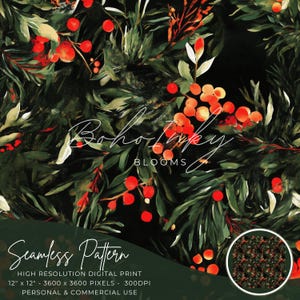 Painted Berries Seamless Pattern Digital, Seamless Print, Sublimation | Christmas, Berries, Winter, Holidays | Commercial