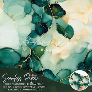 Może przedstawiać: Bezszwowy wzór cyfrowy z abstrakcyjnymi zielonymi i złotymi wirami przypominającymi akwarelę, które przypominają liście i gałęzie. Wzór jest oznaczony jako "Boho Inky Blooms" i jest wysokiej rozdzielczości drukiem cyfrowym, 12 cali na 12 cali, 3600 na 3600 pikseli, 300 DPI. Jest przeznaczony do użytku osobistego i komercyjnego.