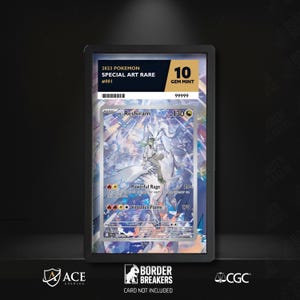 May include: A graded Pokémon card featuring Reshiram, labeled as a 2023 Special Art Rare. The card is graded Gem Mint 10. The card's artwork depicts a character with a white dragon. The card is encased in a black holder.