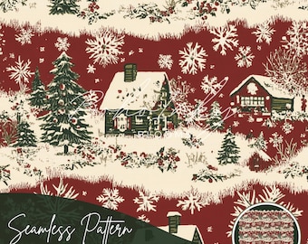 Texture Painted Village Watercolor Seamless Pattern Digital, Seamless Print, Sublimation | Christmas, Nordic, Winter, Holidays | Commercial