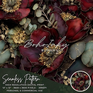 May include: A digital seamless pattern with large, stylised flowers in deep burgundy and gold, with accents of sage green and gold. The text "Boho Ink Blooms" is displayed in a script font. The bottom of the image reads "Seamless Pattern".