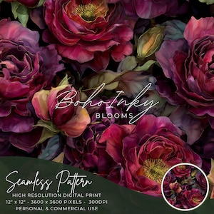 Peut inclure: Un motif sans couture de roses à l'aquarelle bordeaux, rose et or. Le design comprend le texte "Boho Inky Blooms" et "Seamless Pattern". Le motif est une impression numérique haute résolution, de 30,48 cm x 30,48 cm.