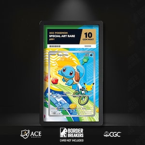 May include: A graded Pokémon trading card featuring Squirtle, a blue turtle-like creature, with a Gem Mint 10 grade. The card is labeled "2023 Pokemon Special Art Rare #001" and includes a Pikachu illustration. The card is encased in a black holder.