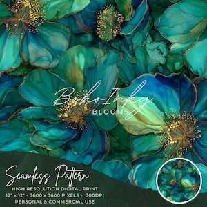 Könnte beinhalten: Nahtloser Digitaldruck mit einem floralen Muster in Türkis, Blaugrün und Gold. Das Design zeigt große, abstrakte Blüten mit filigranen Details und dem Text "Boho Inky Blooms". Der Druck misst 30.48 cm x 30.48 cm und ist für den persönlichen und kommerziellen Gebrauch.